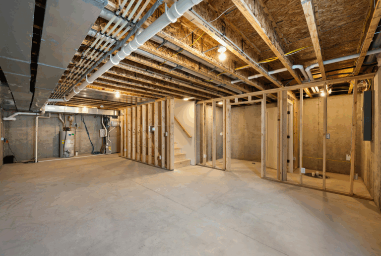 basement finishing rough framing with wood stud partition walls, exposed pvc plumbing, mechanical systems, and concrete slab floor in an unfinished central iowa basement