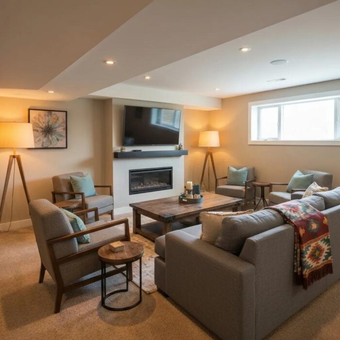 Cozy finished basement with stylish furniture and warm lighting
