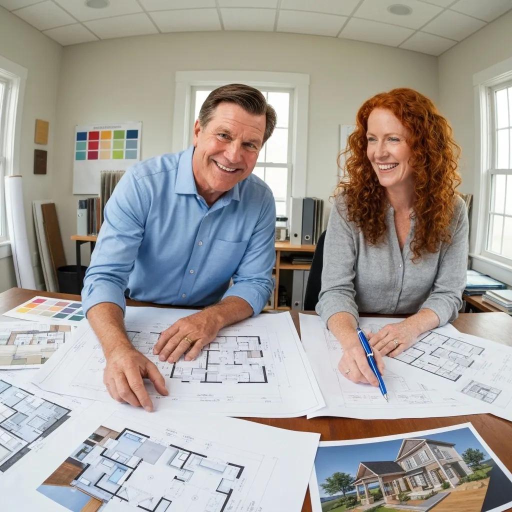 Architect and homeowner reviewing design plans for a custom home in a modern office setting