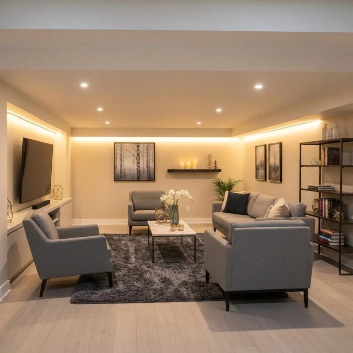 Cozy finished basement family room illustrating the value of basement renovations