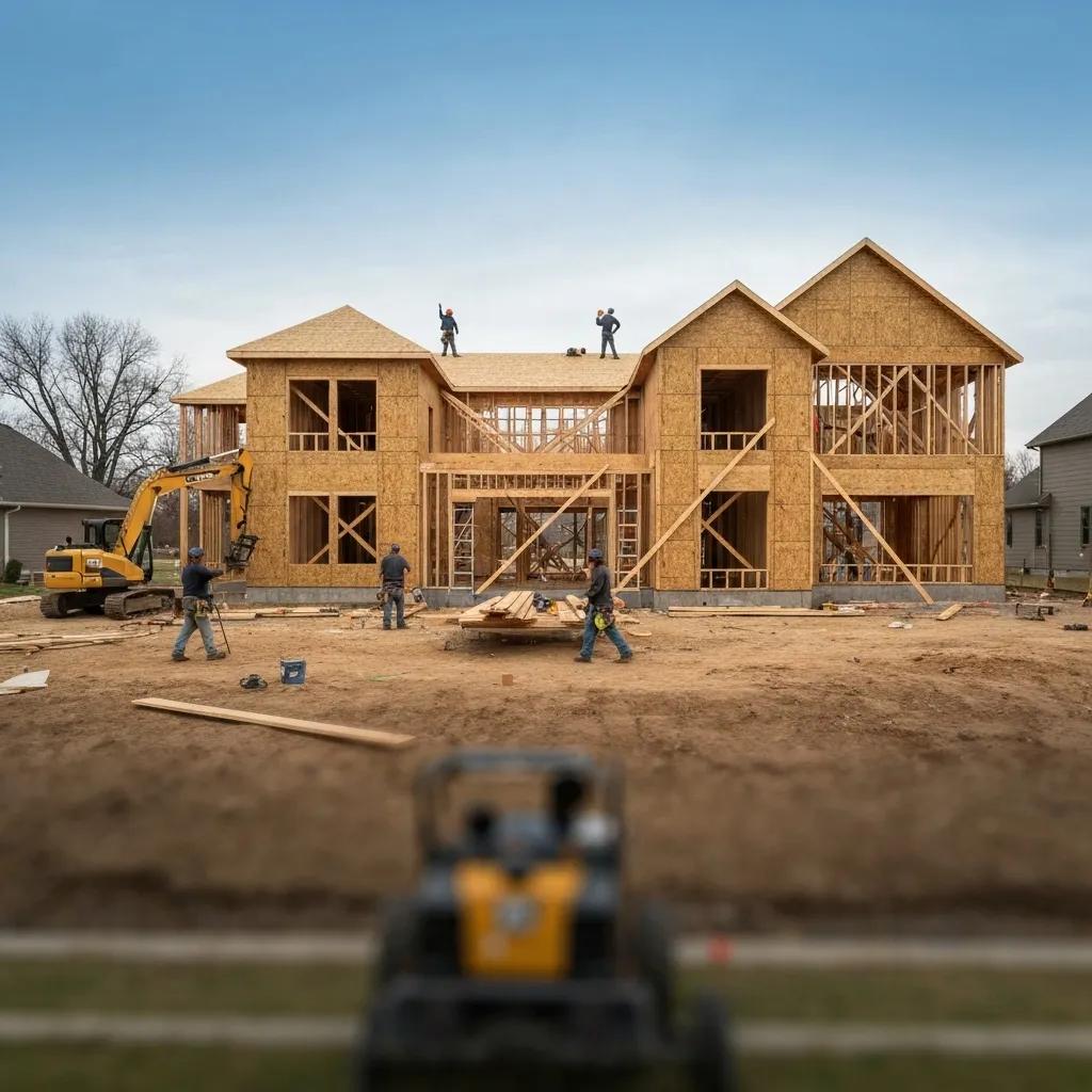 Custom Home Building: Top Local Builders Near You 2 Construction site in Des Moines showing builders working on a custom home with framing and equipment