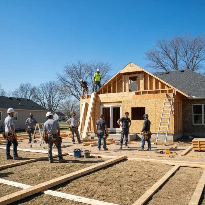 Construction site in Des Moines with contractors working on home remodeling