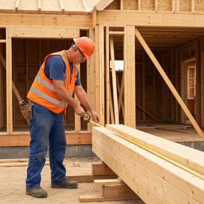 Construction site in Iowa with workers measuring and discussing plans, showcasing building materials