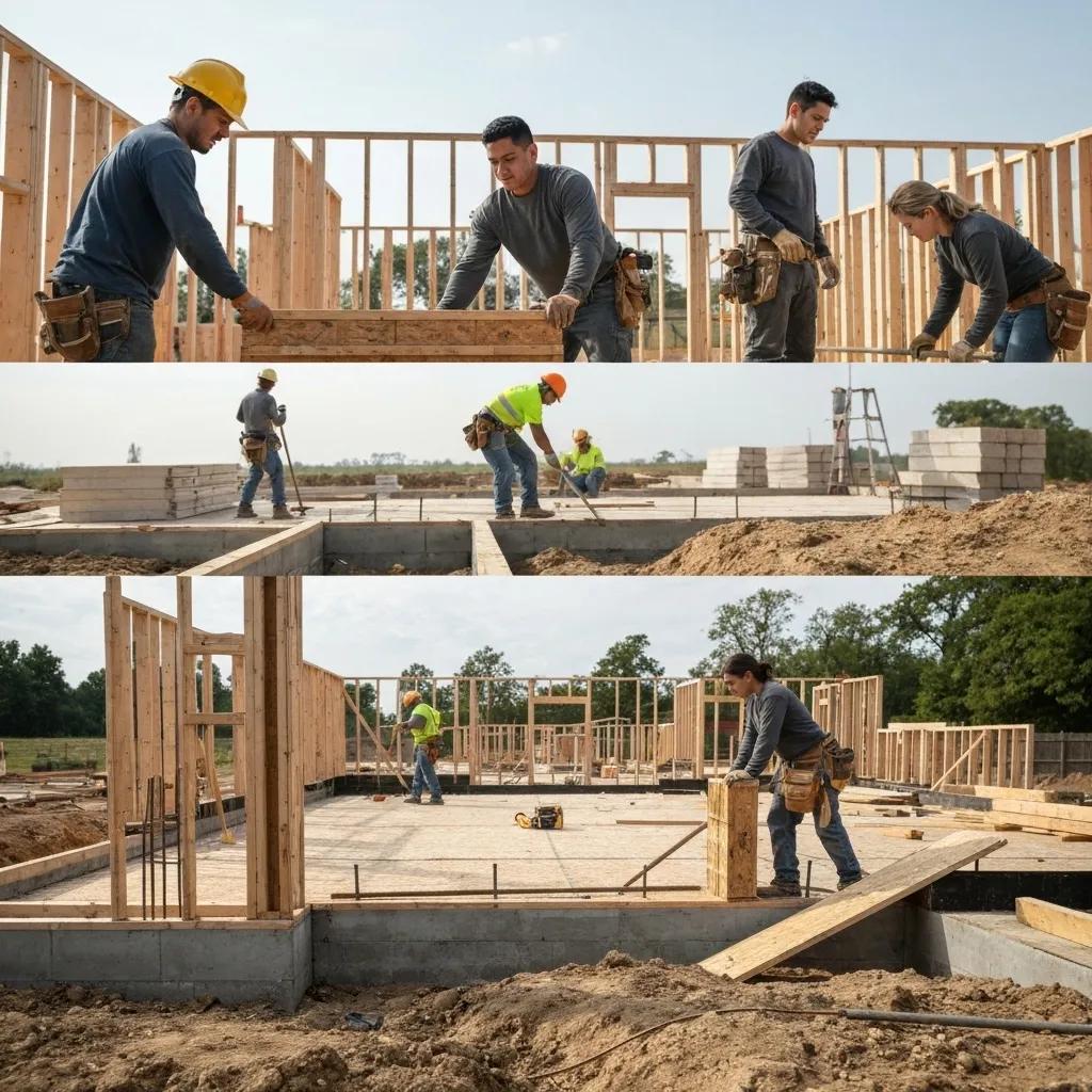 Construction workers on-site engaged in various stages of home building