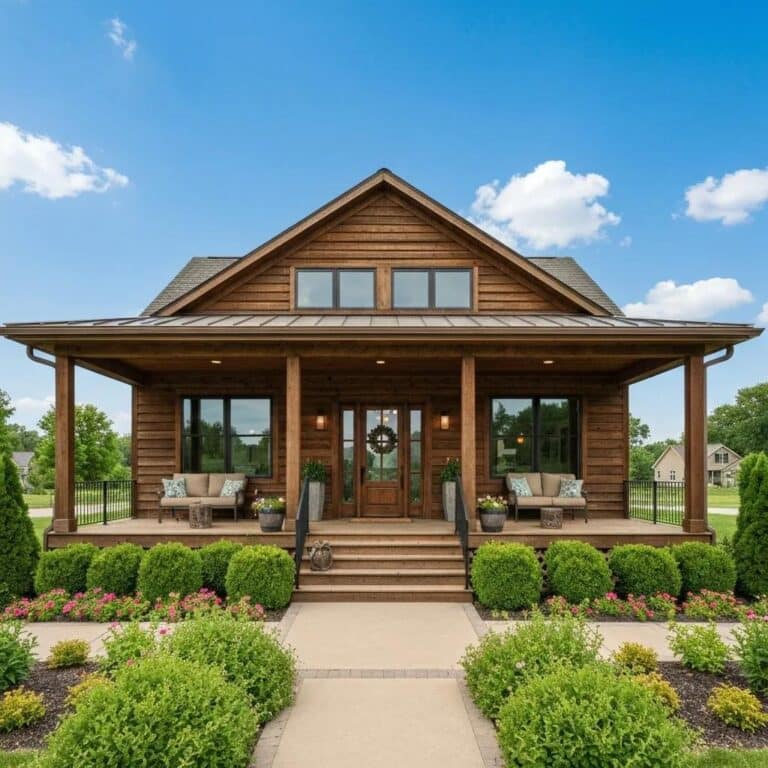 Custom-built home in Des Moines showcasing modern farmhouse style with inviting front porch and lush surroundings