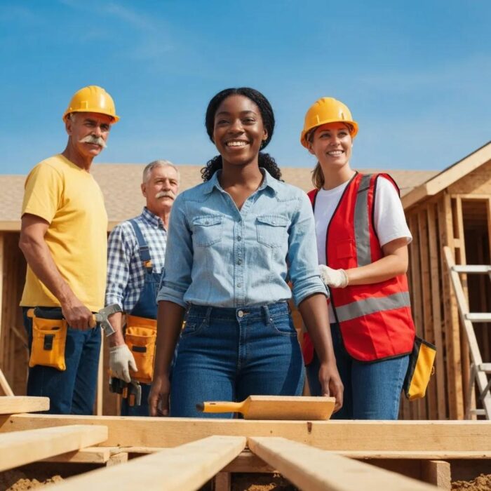 Custom home construction team collaborating on-site with tools and materials visible