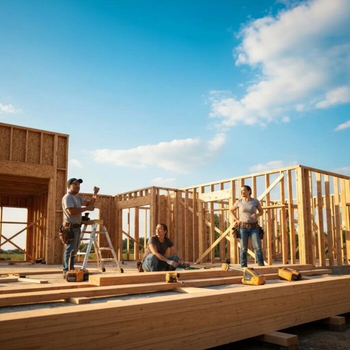 Custom home under construction in Des Moines, showcasing modern farmhouse style and construction workers