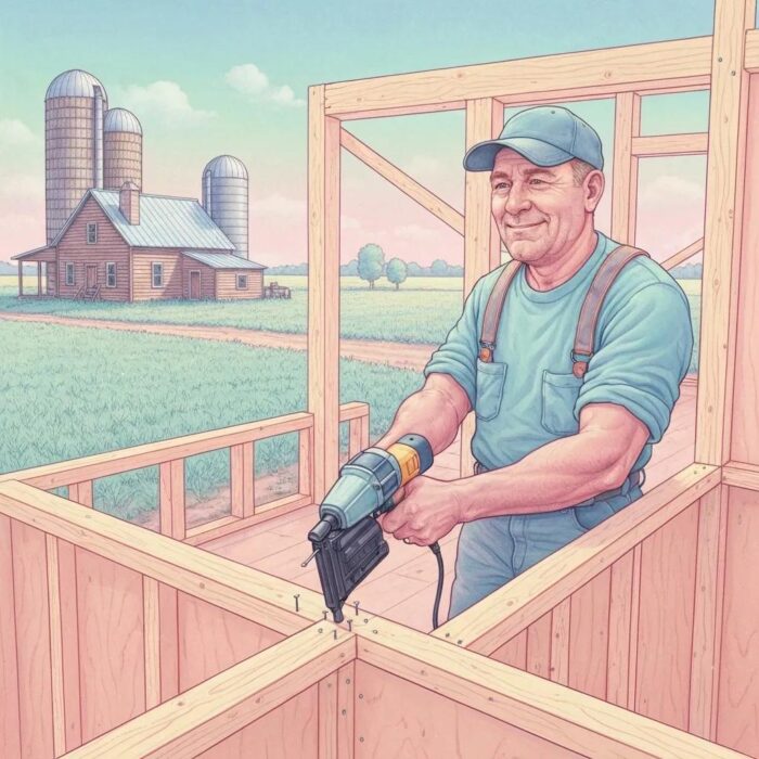 Construction site in Iowa with workers building a home, emphasizing the home building permit process