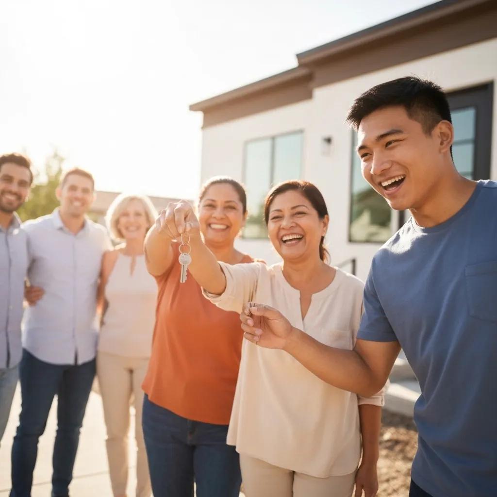 Diverse group of first-time homebuyers receiving keys to their new home