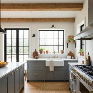 Modern farmhouse kitchen with farm sink, sleek cabinetry, and natural wood beams