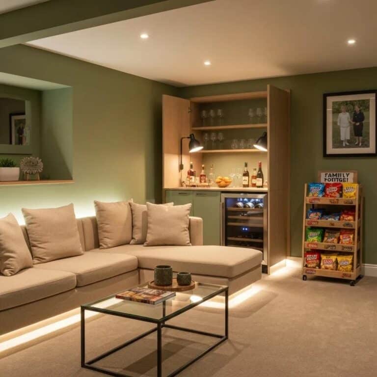 Stylish family-friendly basement lounge with plush seating and mini bar