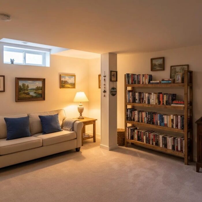 Cozy finished basement interior emphasizing comfort and dryness