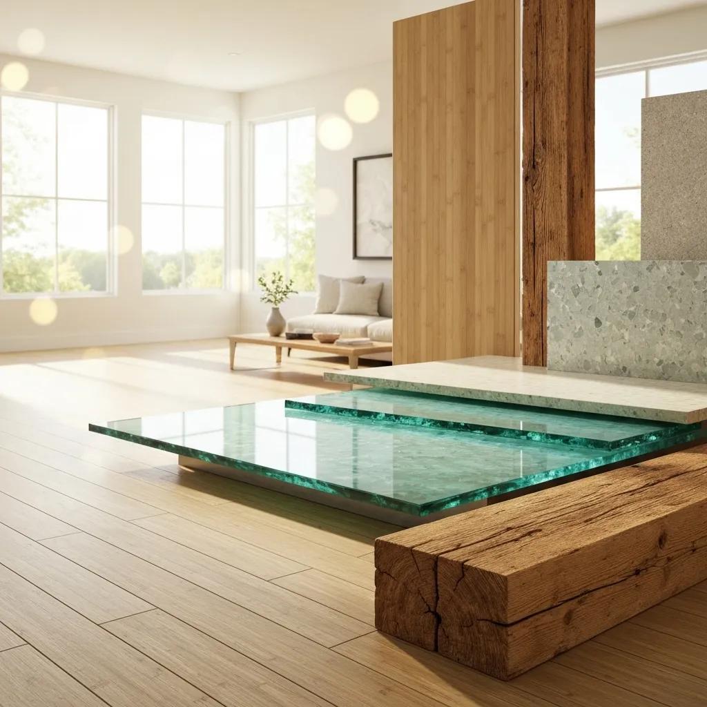 Eco-friendly materials for home remodeling including bamboo flooring and recycled glass