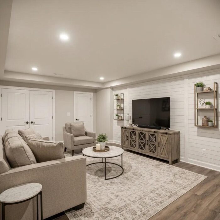 Cozy finished basement living area showcasing modern design and comfort