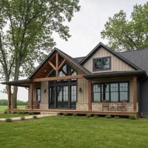 Modern Iowa custom home with farmhouse and contemporary design elements in a lush landscape