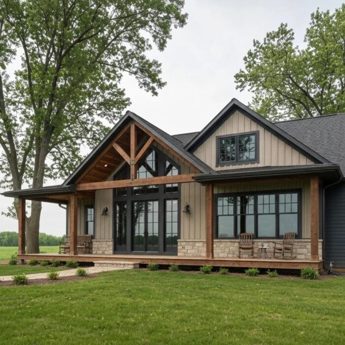 Modern Iowa custom home with farmhouse and contemporary design elements in a lush landscape