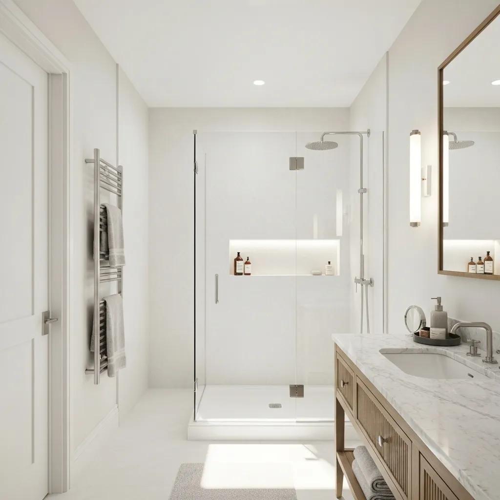 Elegant bathroom with walk-in shower and stylish vanity showcasing modern design