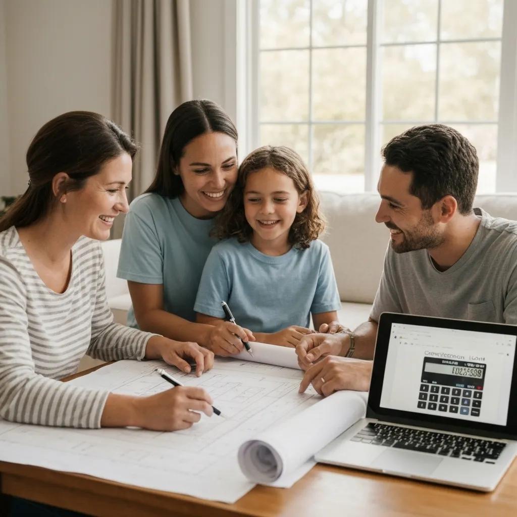 Family discussing construction loan options in a cozy living room with blueprints and a laptop