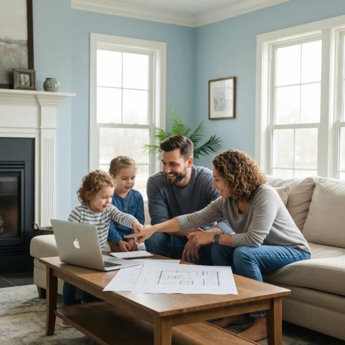 Family discussing home building plans in a cozy living room with blueprints and a laptop