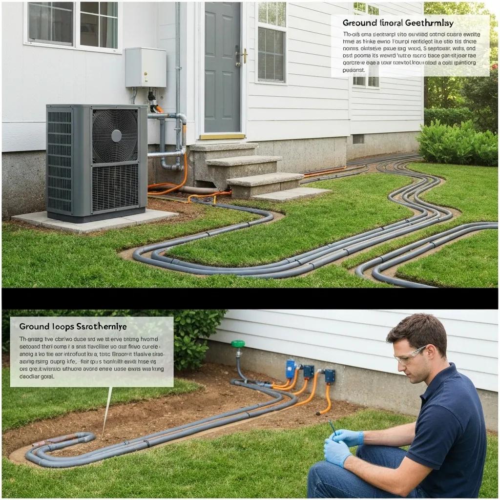 Geothermal heating and cooling system installation showcasing ground loops and heat pump technology