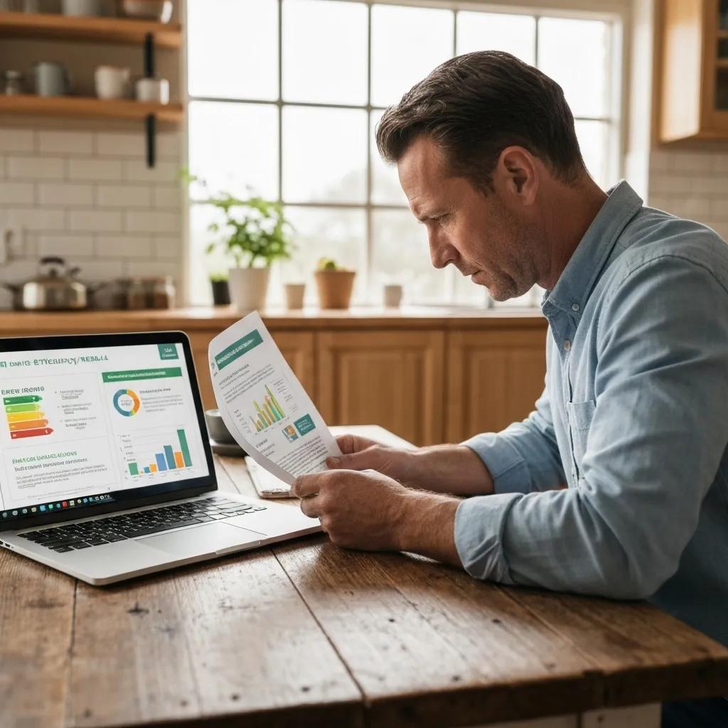 Homeowner reviewing energy efficiency rebate documents at a kitchen table