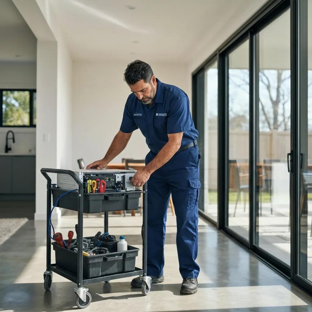 HVAC technician installing a high-efficiency heat pump in a modern home