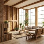 Interior of an energy-efficient home with straw bale insulation and large windows, showcasing a sustainable lifestyle