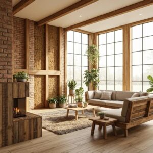 Interior of an energy-efficient home with straw bale insulation and large windows, showcasing a sustainable lifestyle