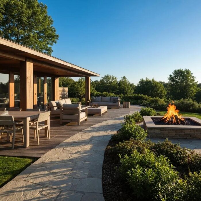 Inviting outdoor living space with patio seating and greenery