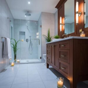 Luxurious bathroom with rainfall showerhead and heated tile flooring