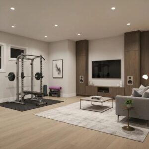 Modern finished basement interior design showcasing cozy seating and stylish decor