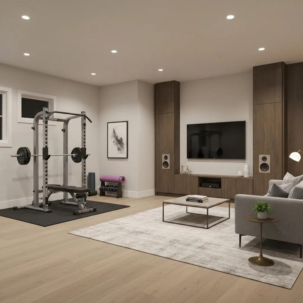 Home Building 31 Modern finished basement interior design showcasing cozy seating and stylish decor