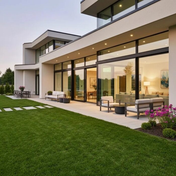 Modern home exterior with sleek architecture and large windows in Des Moines