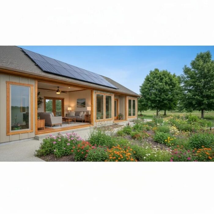 Modern Iowa home with solar panels and energy-efficient features