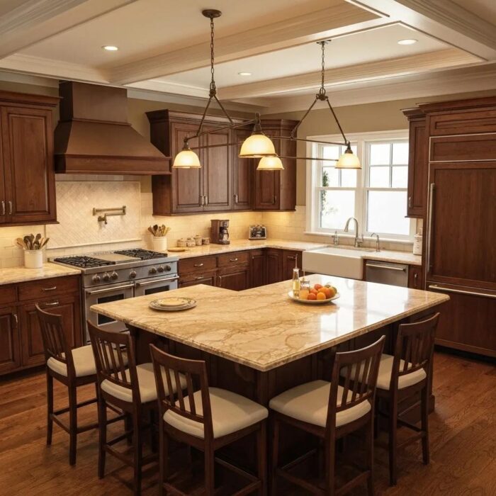 Modern kitchen renovation with custom cabinets and large island in a bright, inviting space