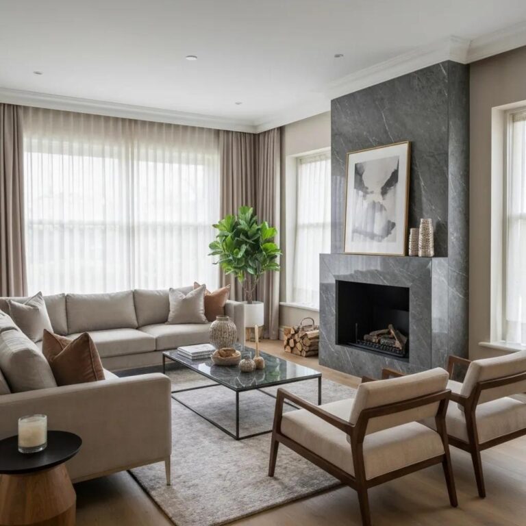 Modern living room renovation with stylish furniture, large sectional, and abundant natural light