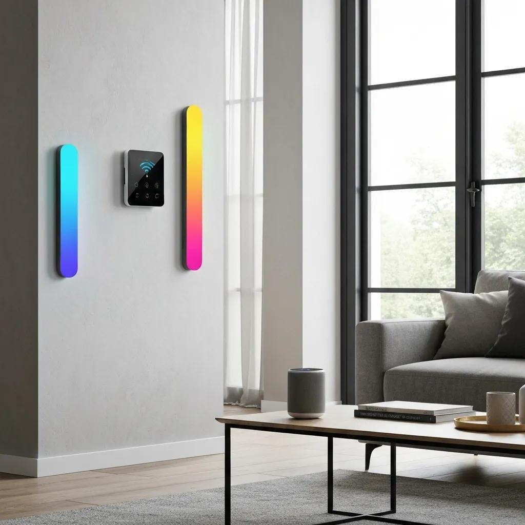 Modern living room with smart home technology including a thermostat, smart lighting, and a speaker