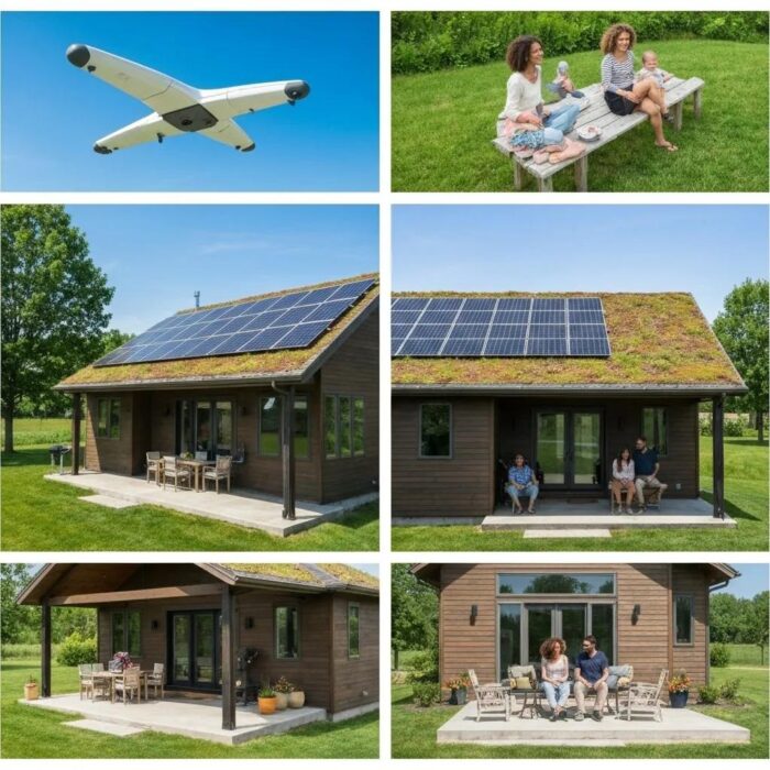 Modern smart home in Iowa featuring solar panels and green roofing, symbolizing energy-efficient construction