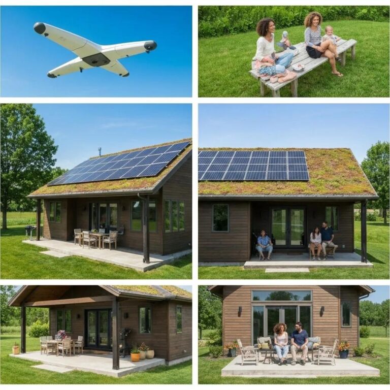 Modern smart home in Iowa featuring solar panels and green roofing, symbolizing energy-efficient construction