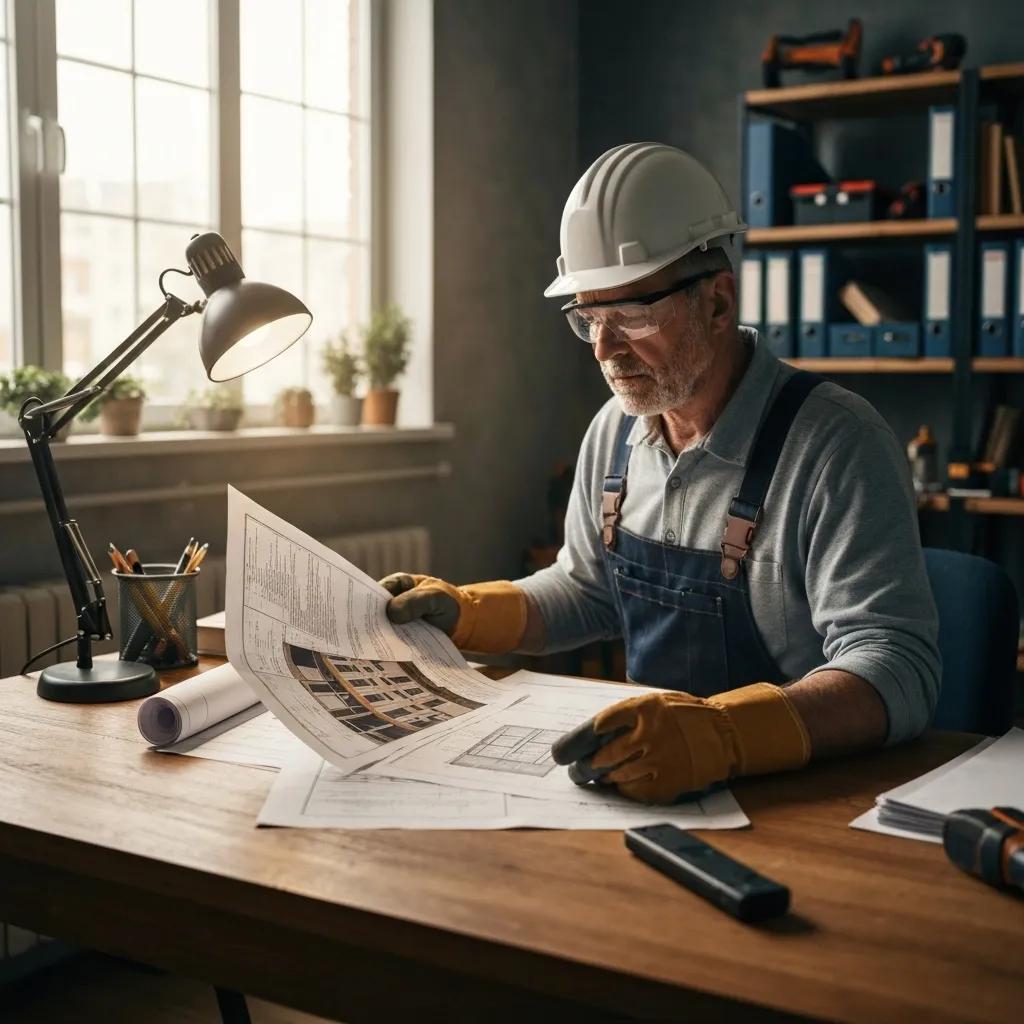 Person reviewing financial documents for construction loan eligibility in a home office
