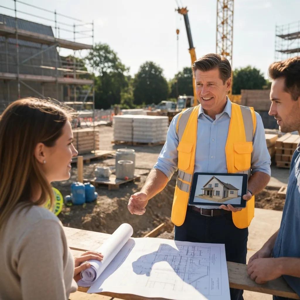 Project manager discussing plans with homeowners at a construction site