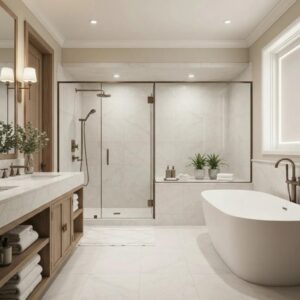 Spa-like bathroom renovation with walk-in shower and freestanding tub