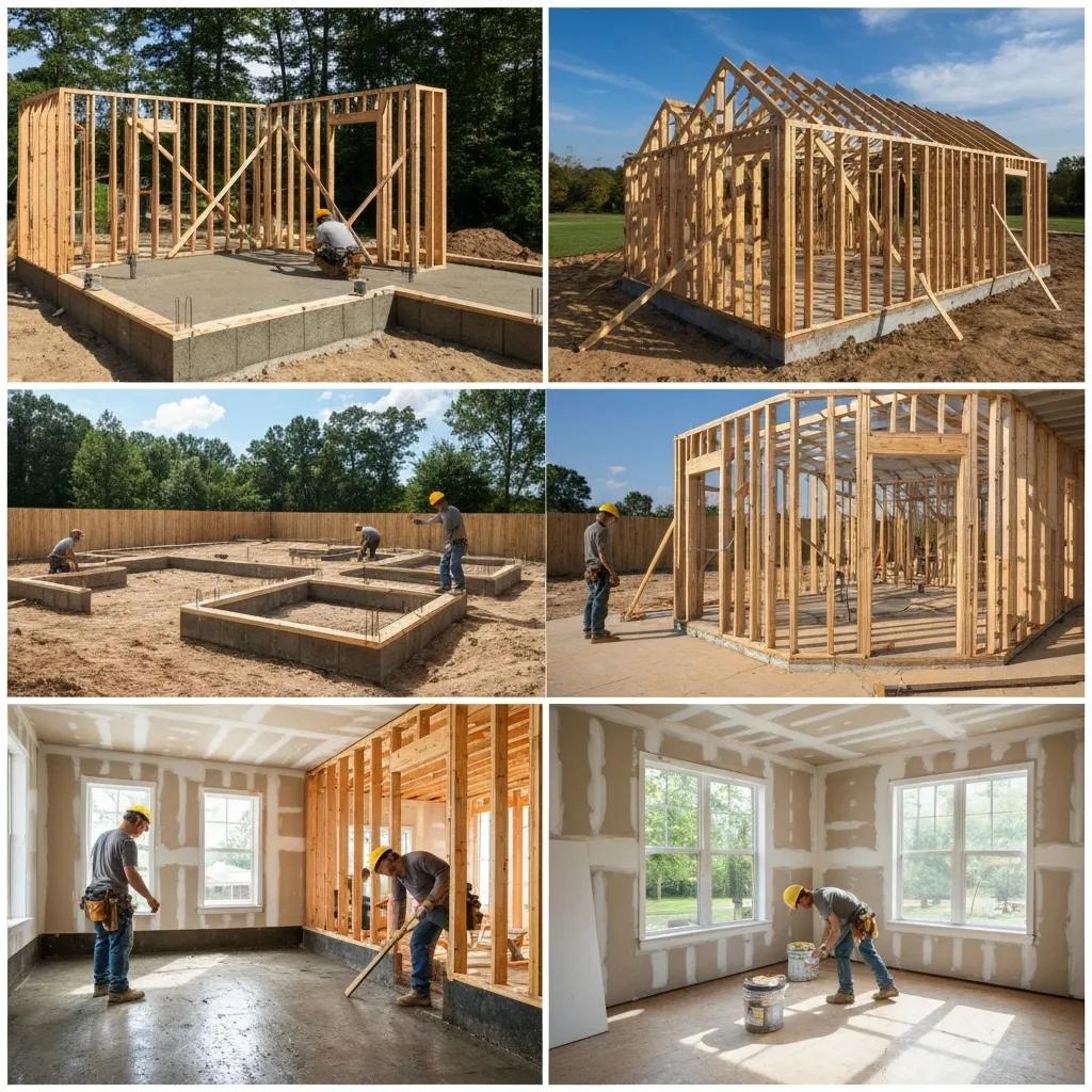 Stages of home construction showing foundation, framing, and finishing work with active workers