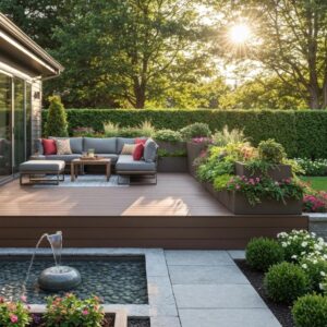 Stylish outdoor living space with modern deck and biophilic design elements