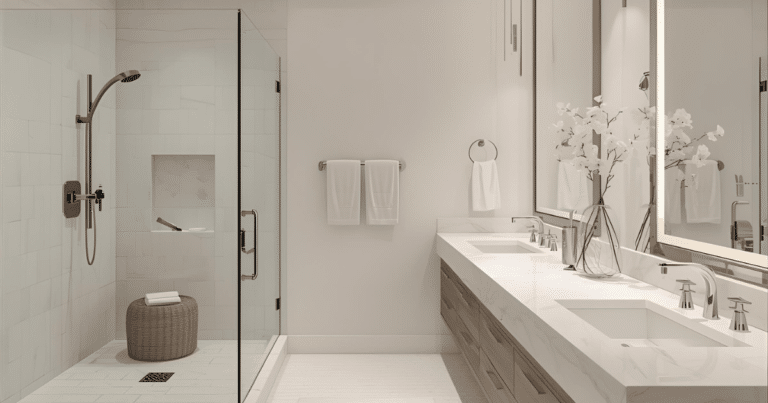 Busy Builders rendering of a bathroom remodel with frameless glass walk-in shower, built-in shower niche, double undermount sink vanity with wood cabinetry, and white quartz countertop