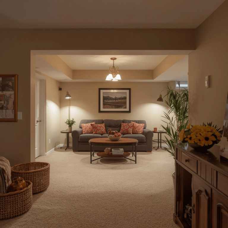 finished basement living room with carpet flooring, chandelier lighting, gray sofa, and warm earth tone paint viewed through a framed soffit opening