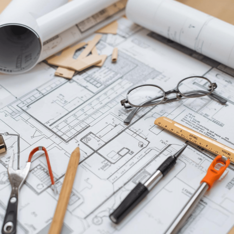 architectural blueprints and drafting tools including reading glasses, ruler, pencils, and scissors spread across a construction planning table