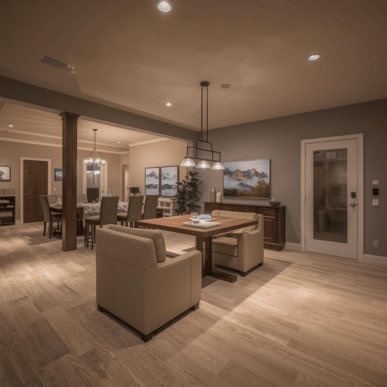 busy builders rendering of a finished basement multi-room open plan layout with luxury vinyl plank flooring, dining area, pendant lighting, structural column, and frosted glass bathroom door
