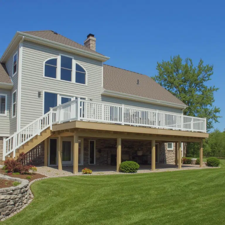 Two-story house with a raised wood deck, white railings and a long stair, built on posts over a walkout patio