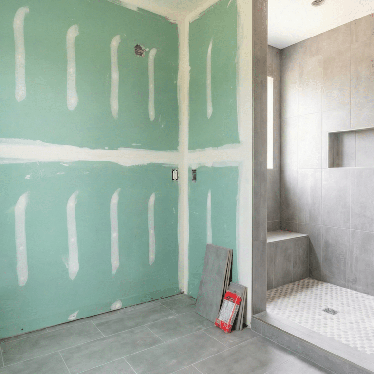 Bathroom remodeling moisture-resistant greenboard drywall taped and mudded on vanity walls beside a completed large format gray tile walk-in shower with built-in bench and niche